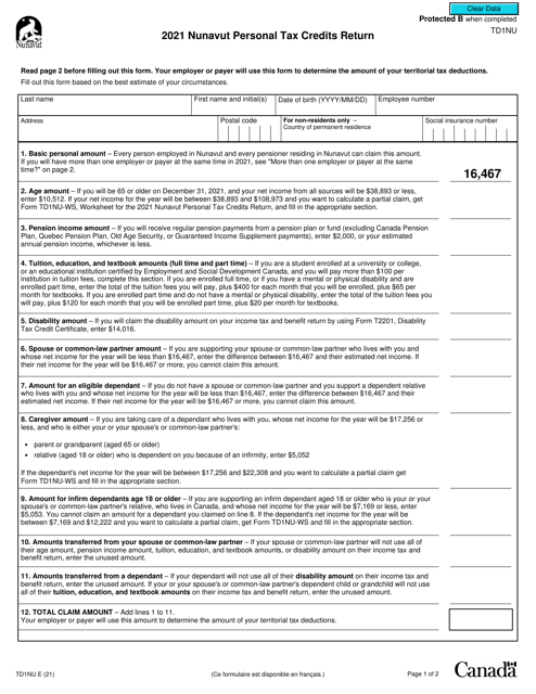 Form TD1NU 2021 Printable Pdf