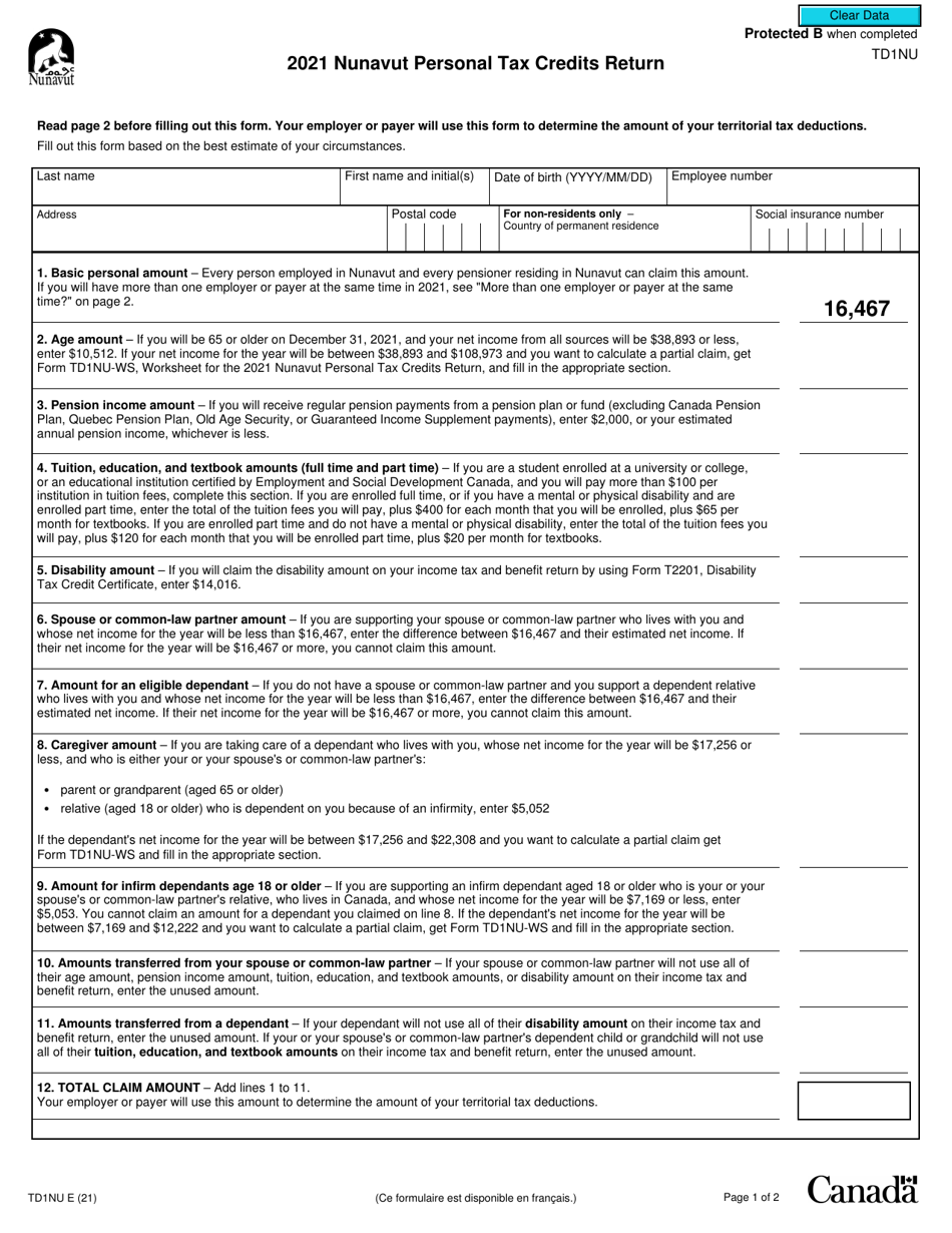 Form TD1NU Nunavut Personal Tax Credits Return - Canada, Page 1