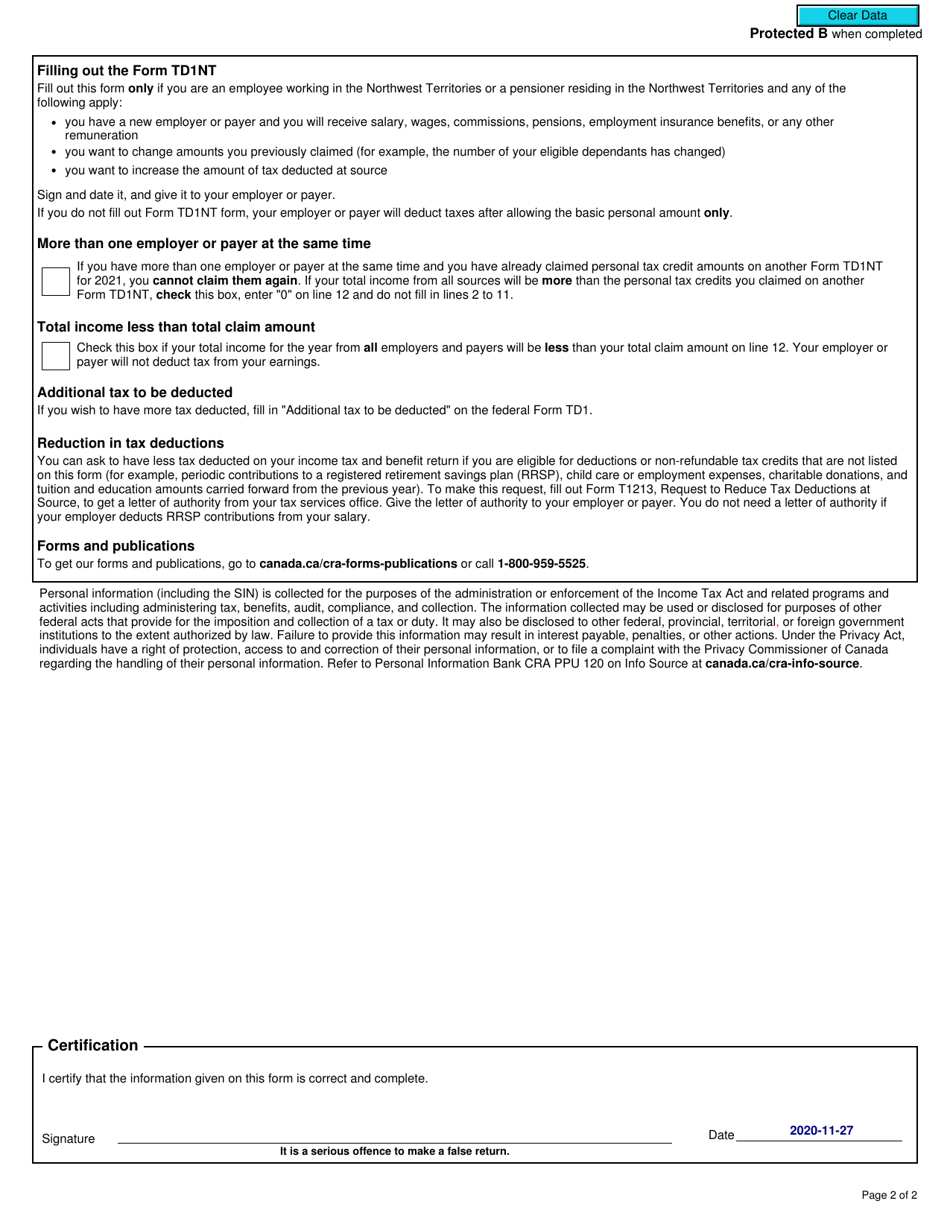 Form TD1NT Northwest Territories Personal Tax Credits Return - Canada, Page 2