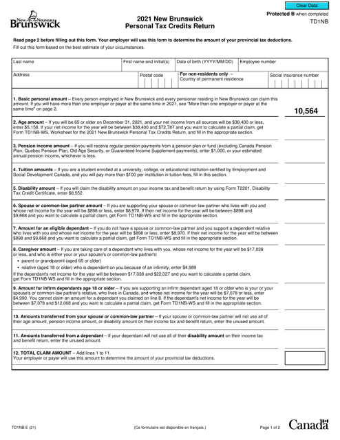 Form TD1NB 2021 Printable Pdf