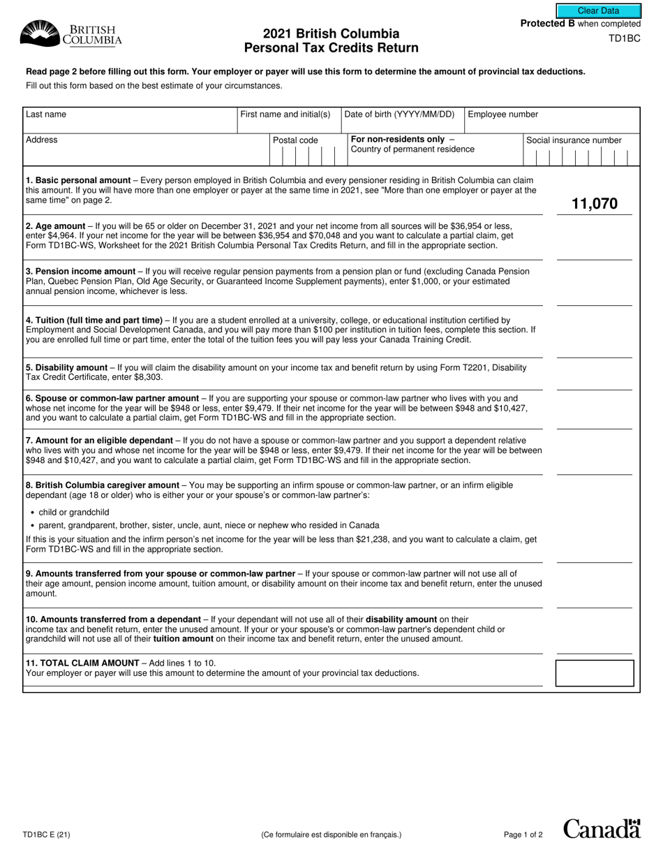 Form TD1BC British Columbia Personal Tax Credits Return - Canada, Page 1