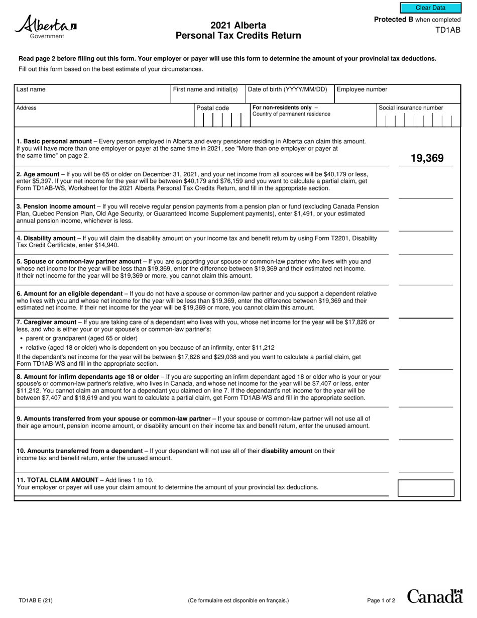 Form TD1AB Download Fillable PDF or Fill Online Alberta Personal Tax