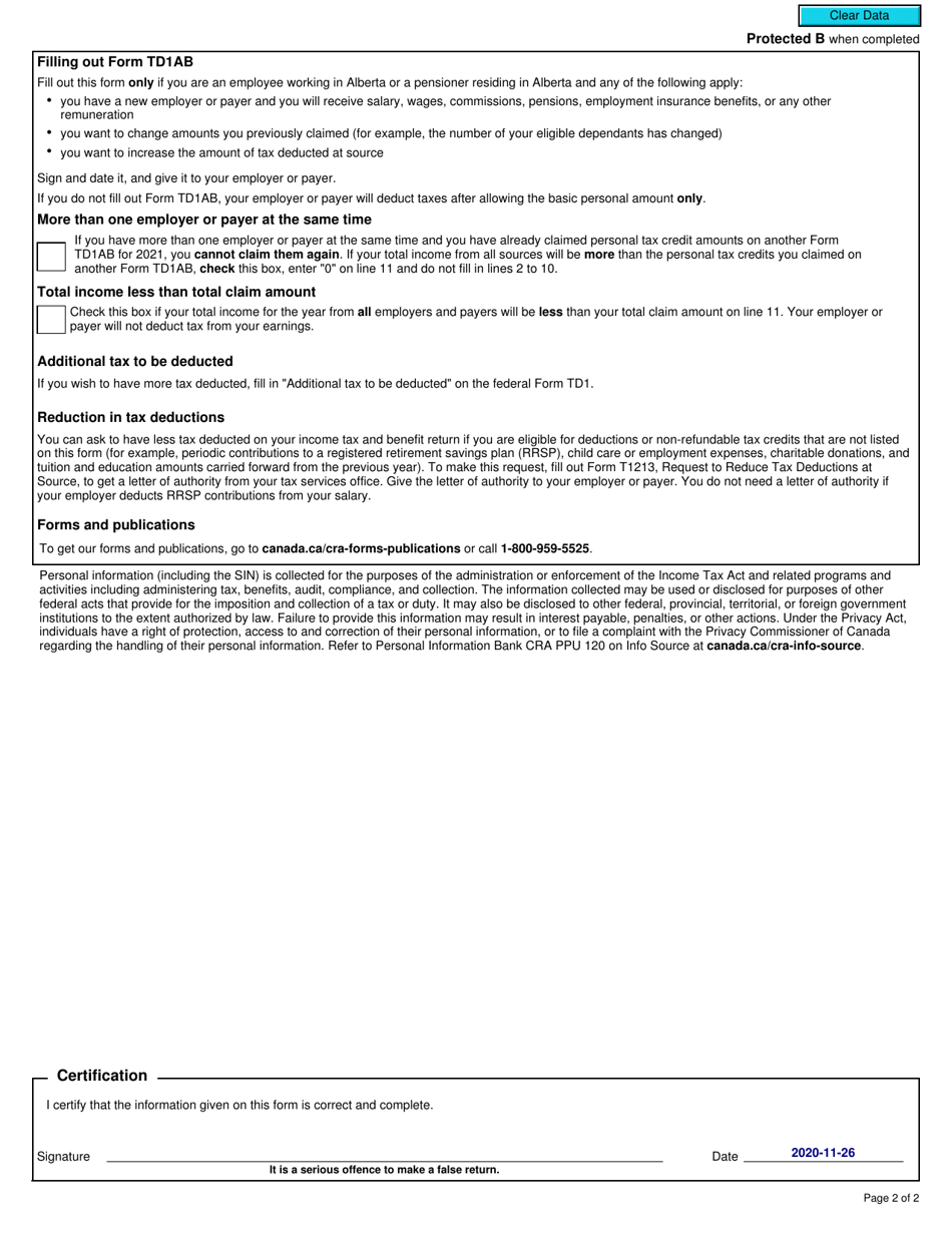 Form TD1AB Alberta Personal Tax Credits Return - Canada, Page 2