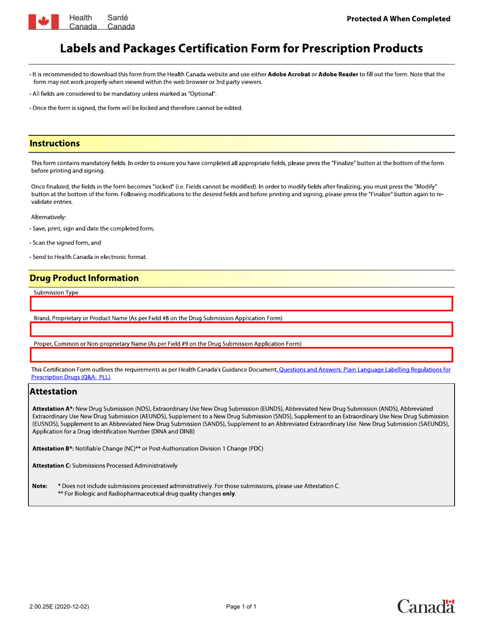Form 2.00.25E Labels and Packages Certification Form for Prescription Products - Canada, Page 1