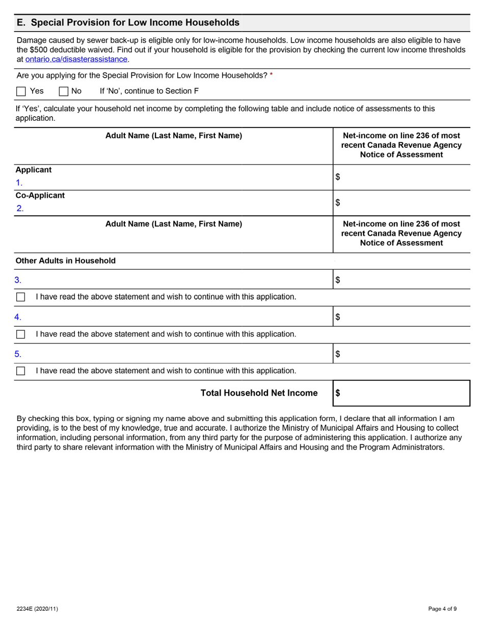 Form 2234E Disaster Recovery Assistance for Ontarians: Application Form for Homeowners and Tenants - Ontario, Canada, Page 4