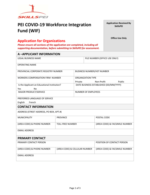 Pei Covid-19 Workforce Integration Fund (Wif) Application for Organizations - Prince Edward Island, Canada Download Pdf