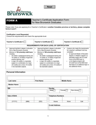 Document preview: Form A Teacher's Certificate Application Form for New Brunswick Graduates - New Brunswick, Canada