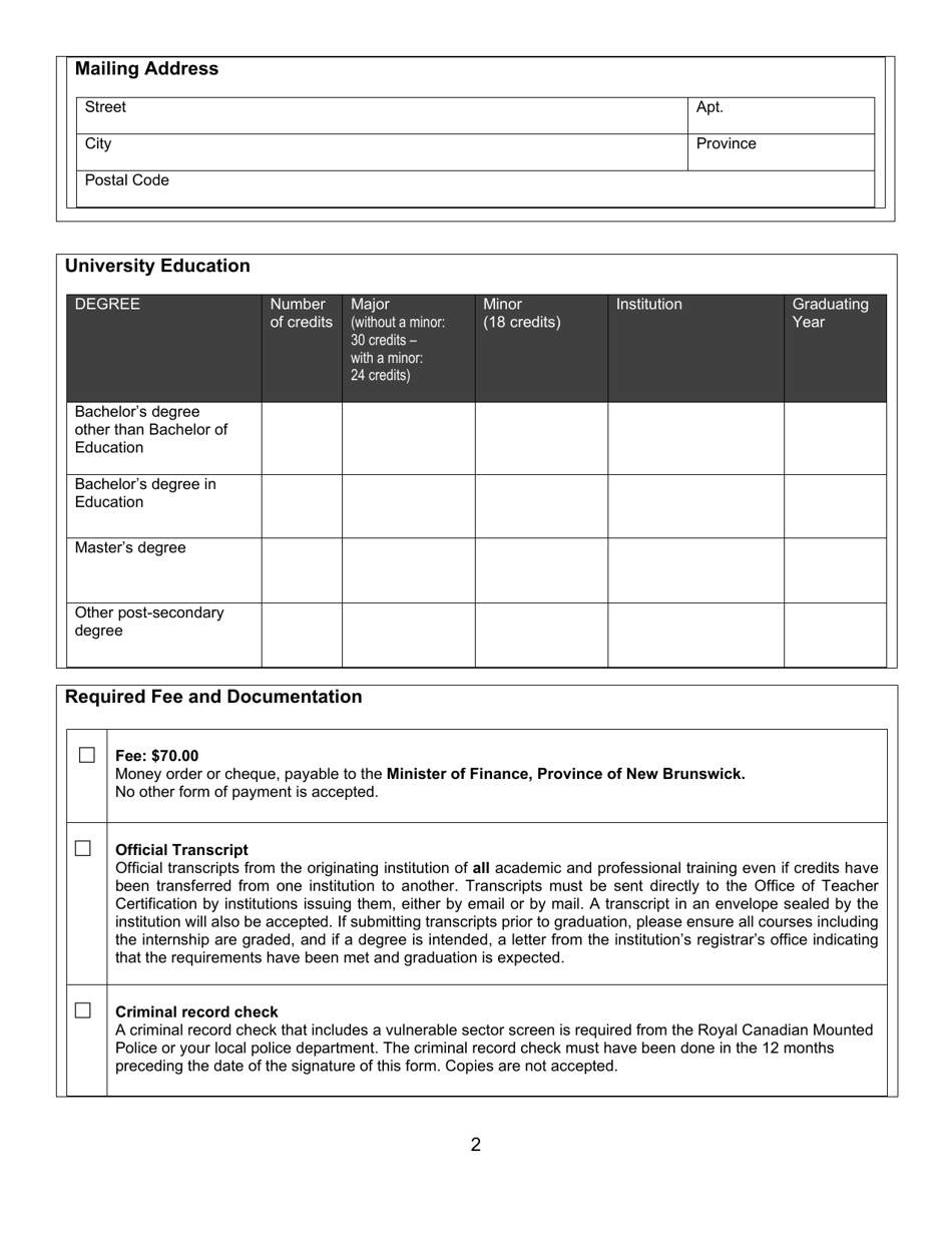 Form A Teachers Certificate Application Form for New Brunswick Graduates - New Brunswick, Canada, Page 2