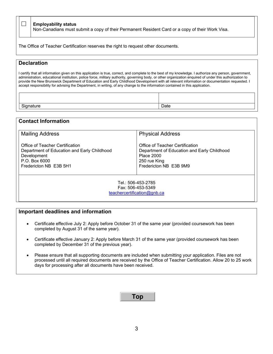 Form A Teachers Certificate Application Form for New Brunswick Graduates - New Brunswick, Canada, Page 3