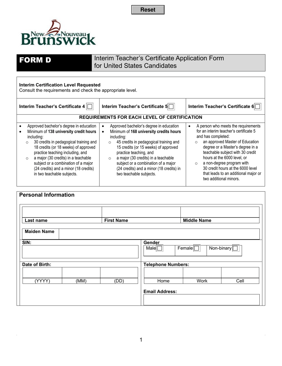 Form D Interim Teachers Certificate Application Form for United States Candidates - New Brunswick, Canada, Page 1