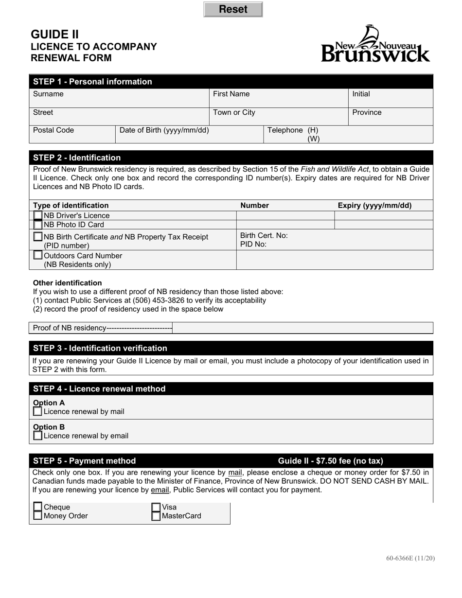 Form 60-6366E Guide II - Licence to Accompany Renewal Form - New Brunswick, Canada, Page 1