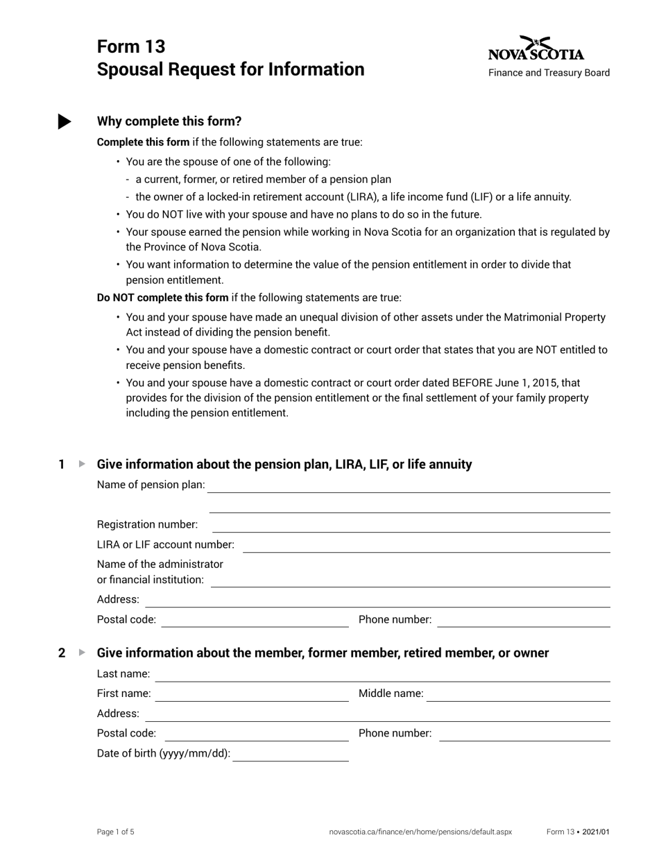 Form 13 Spousal Request for Information - Nova Scotia, Canada, Page 1