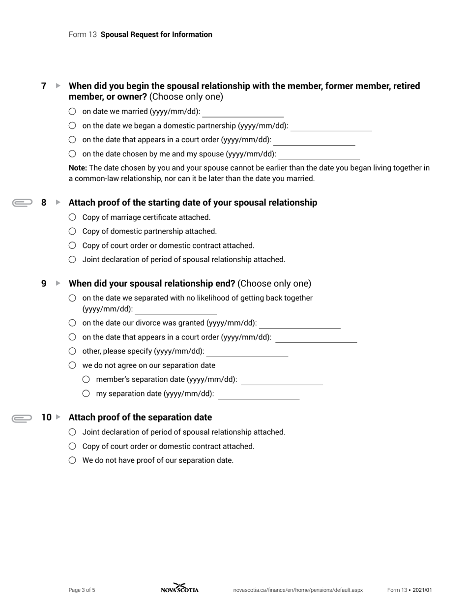 Form 13 Spousal Request for Information - Nova Scotia, Canada, Page 3