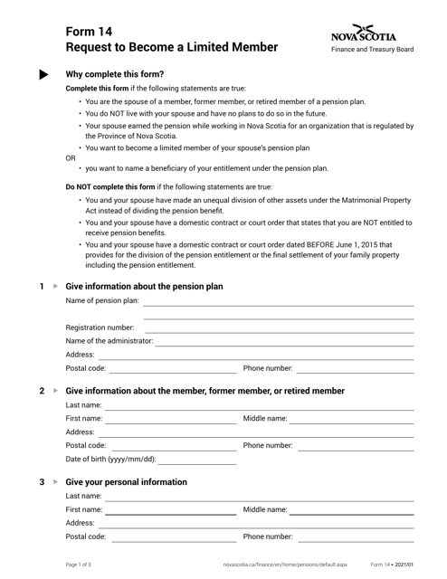 Form 14 Request to Become a Limited Member - Nova Scotia, Canada
