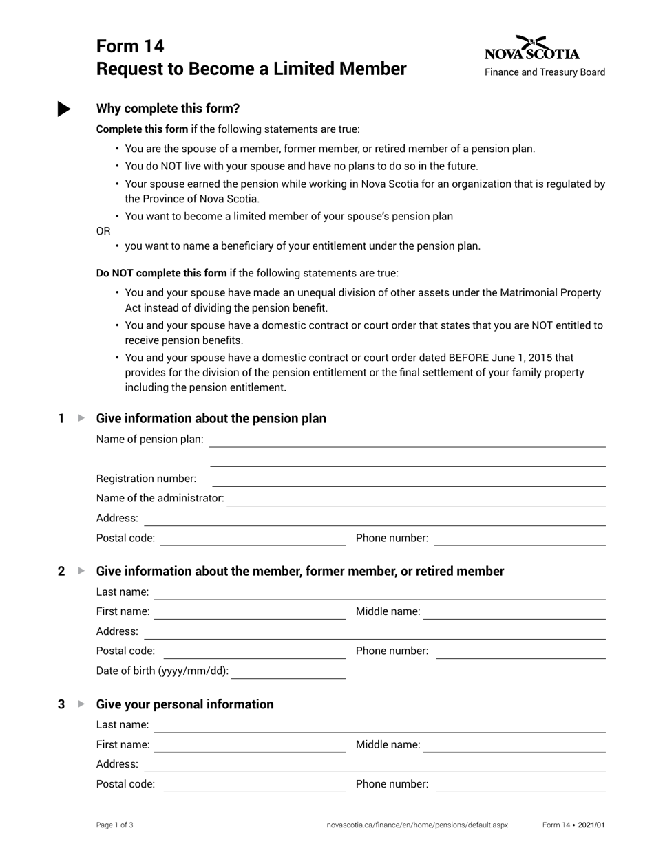 Form 14 Request to Become a Limited Member - Nova Scotia, Canada, Page 1