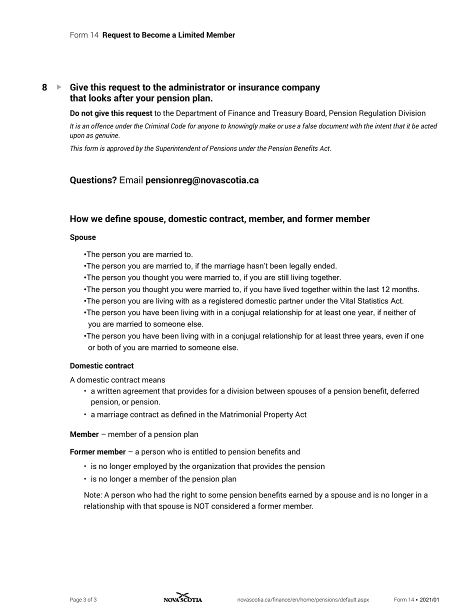 Form 14 Request to Become a Limited Member - Nova Scotia, Canada, Page 3