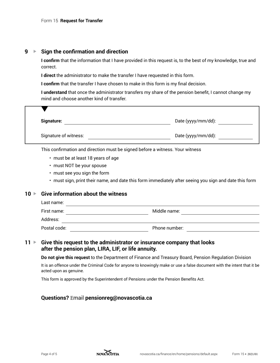 Form 15 Request for Transfer - Nova Scotia, Canada, Page 4
