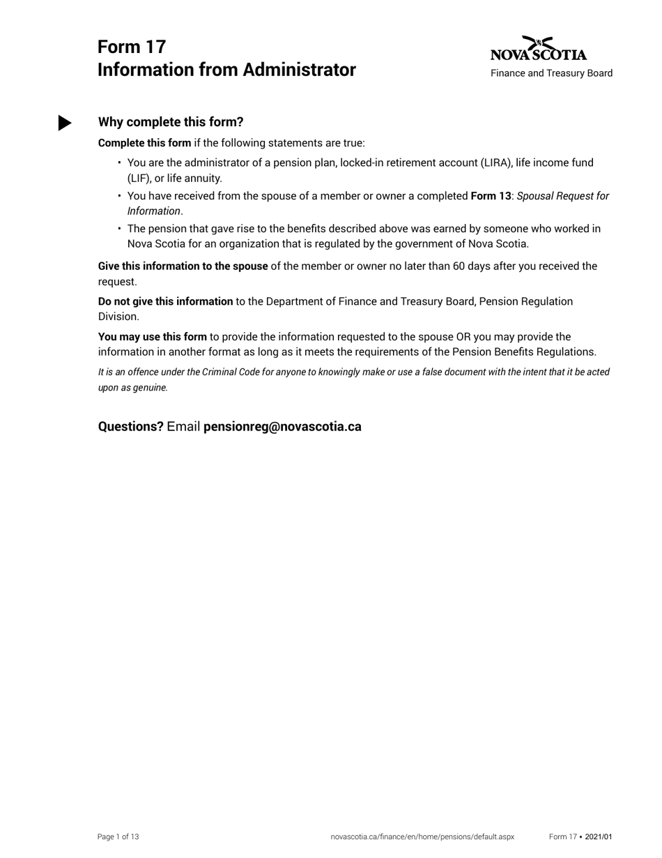 Form 17 Information From Administrator - Nova Scotia, Canada, Page 1