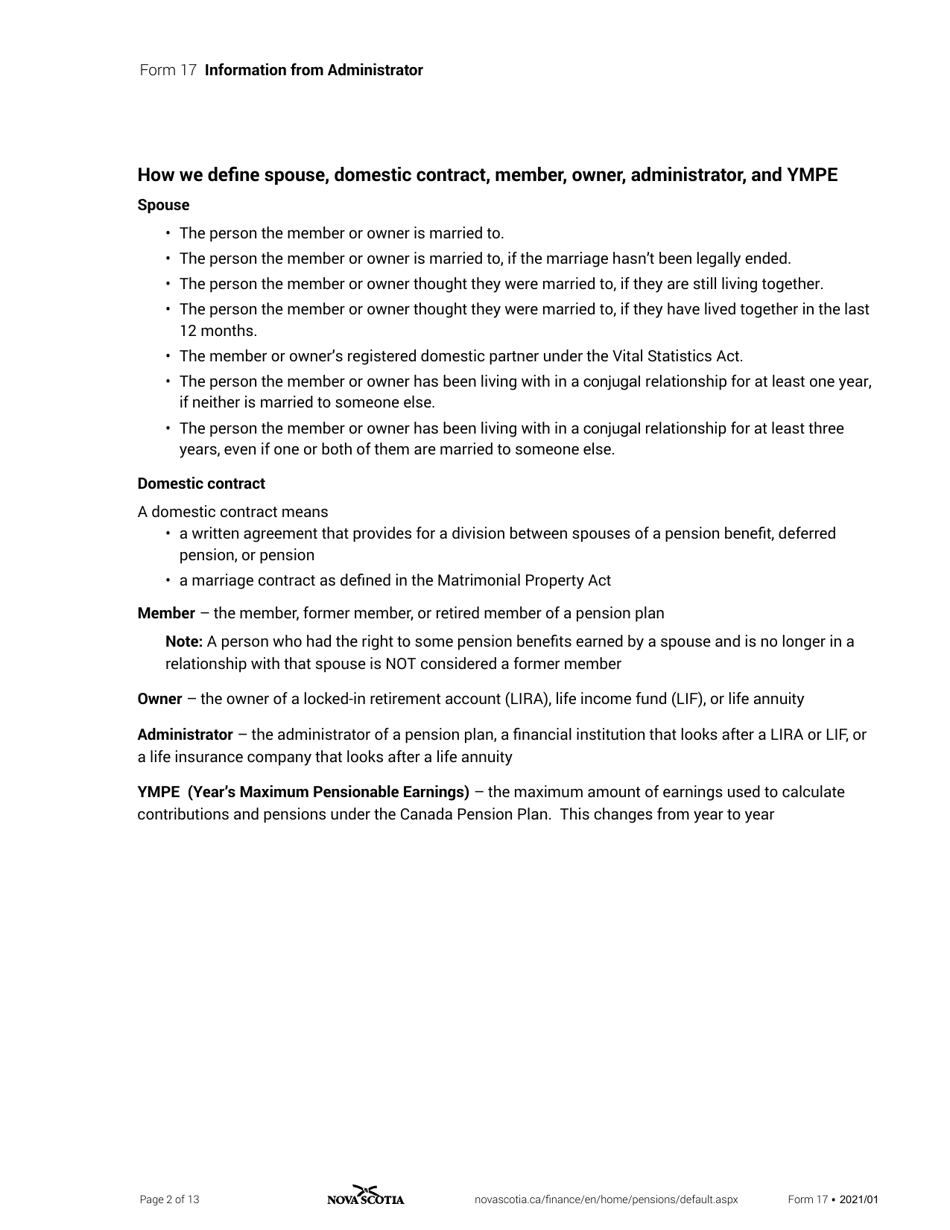 Form 17 Information From Administrator - Nova Scotia, Canada, Page 2