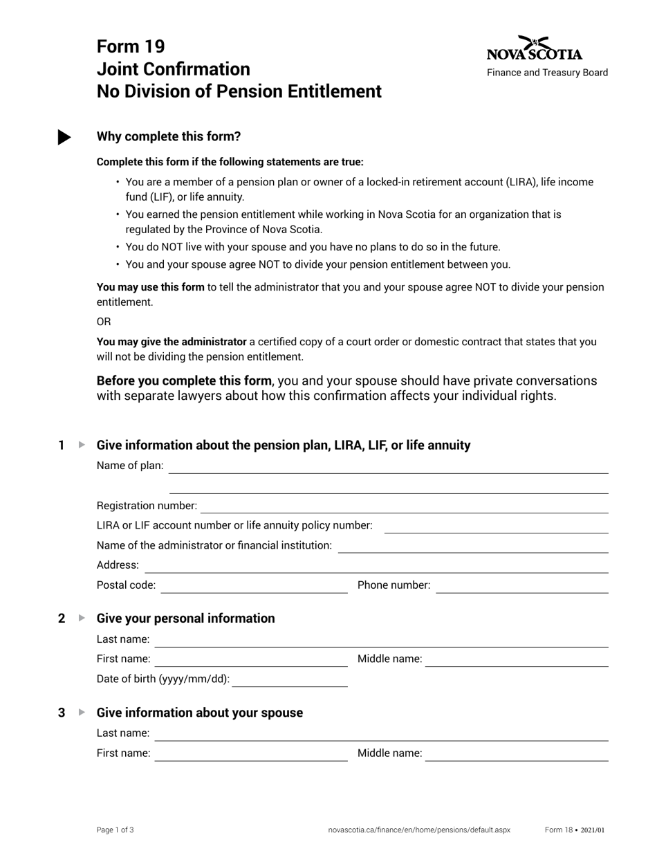 Form 19 Joint Confirmation No Division of Pension Entitlement - Nova Scotia, Canada, Page 1