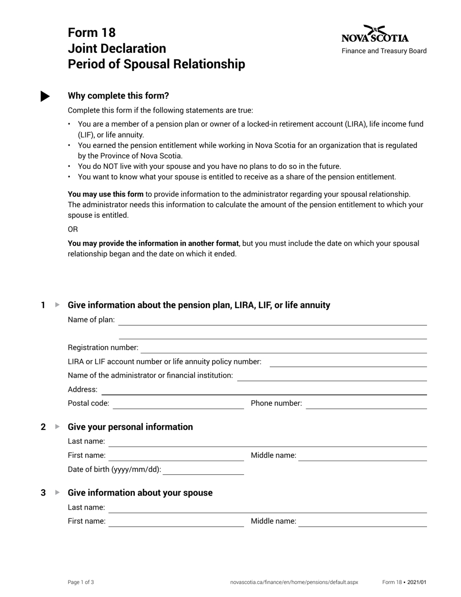 Form 18 Joint Declaration Period of Spousal Relationship - Nova Scotia, Canada, Page 1