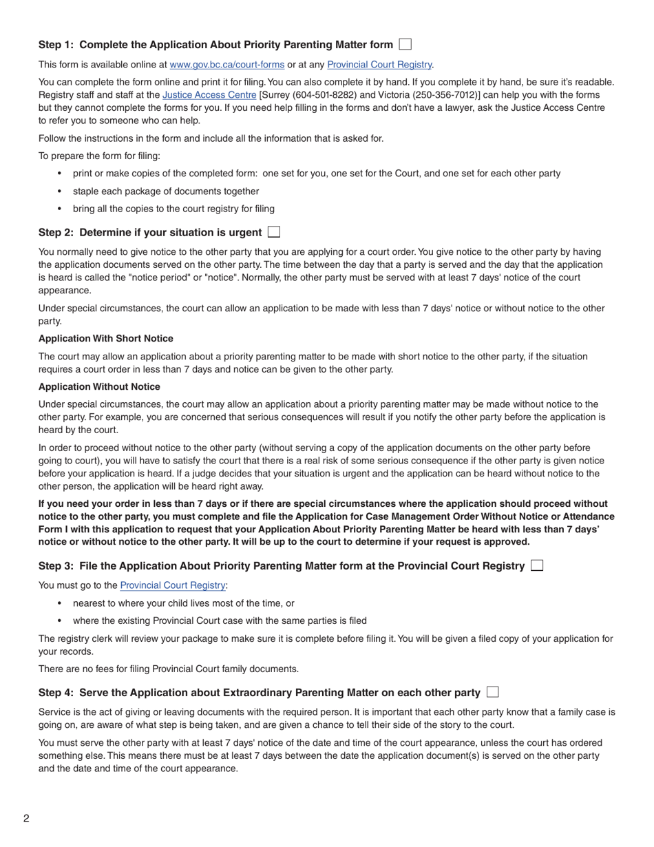 Form M (PFA722) Application About Priority Parenting Matter - British Columbia, Canada, Page 2