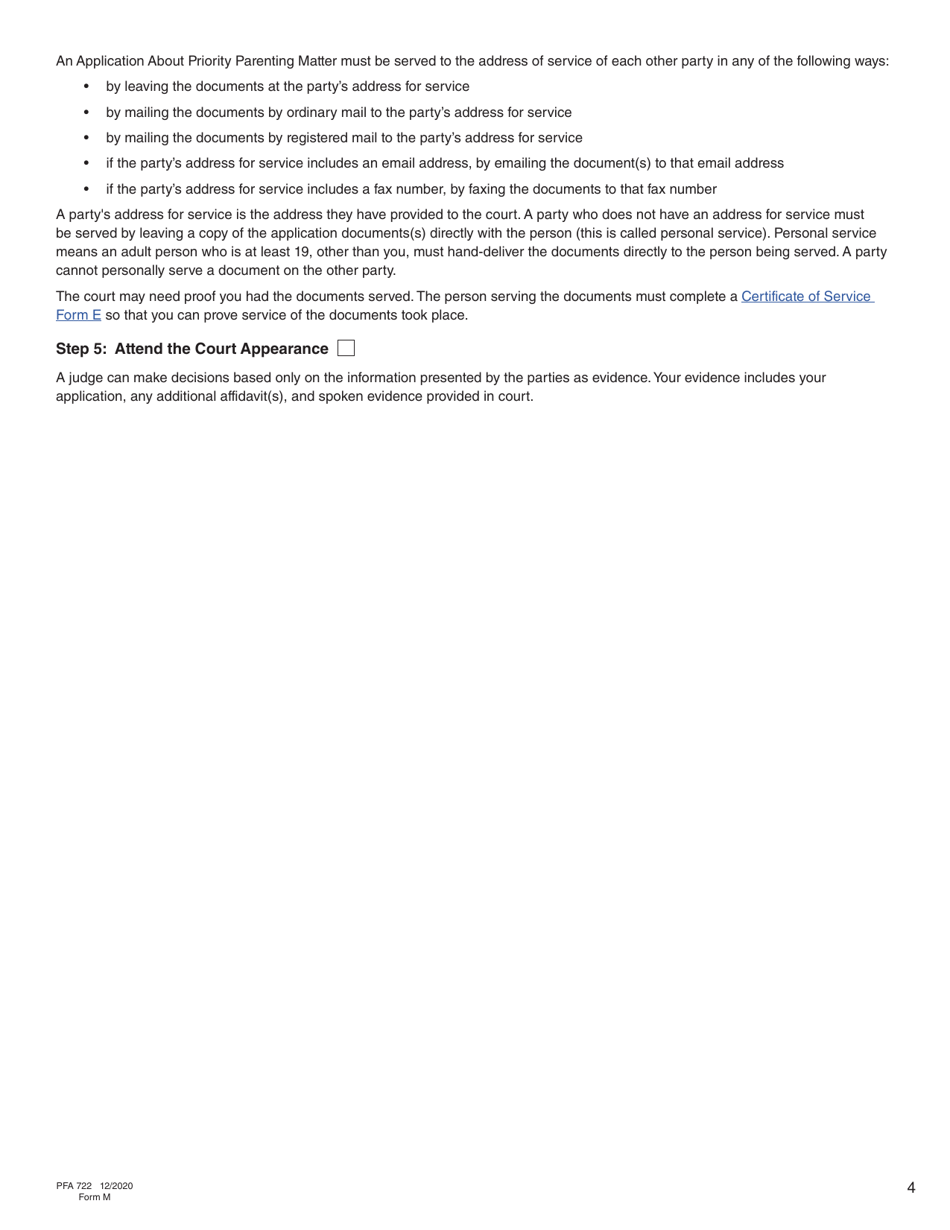 Form M (PFA722) Application About Priority Parenting Matter - British Columbia, Canada, Page 4