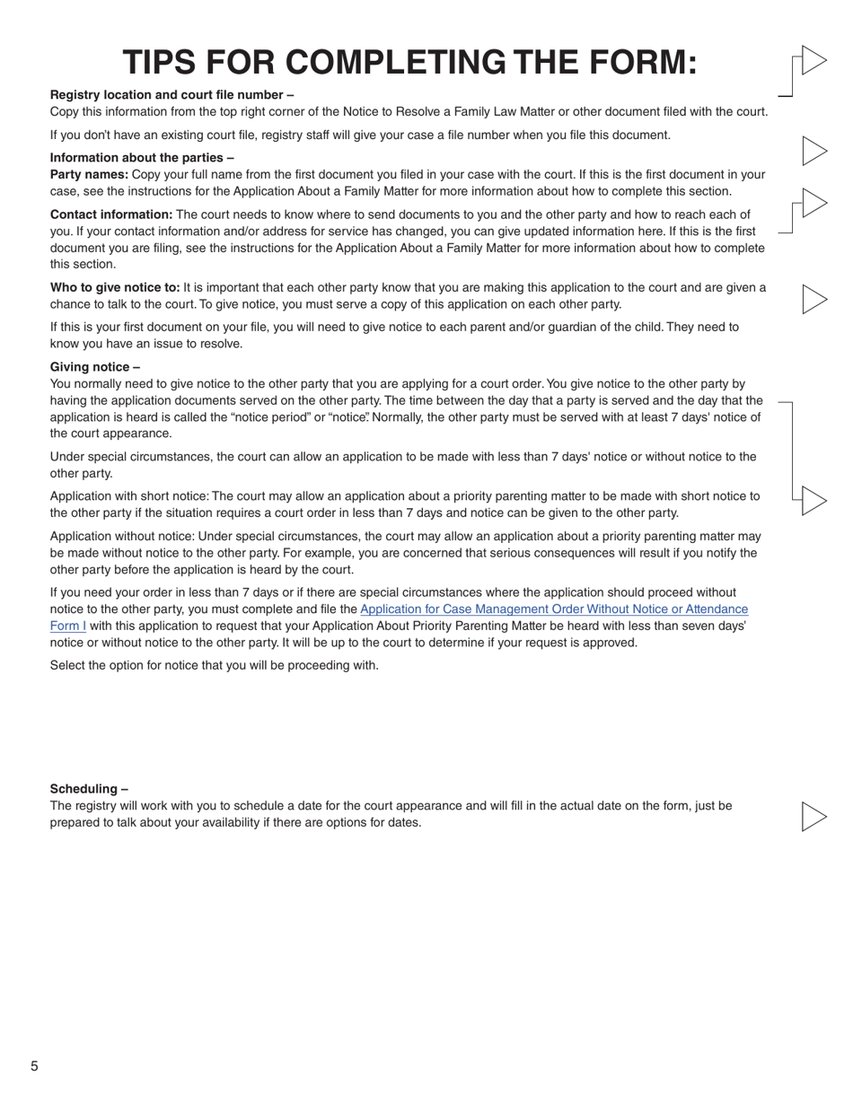 Form M (PFA722) Application About Priority Parenting Matter - British Columbia, Canada, Page 5