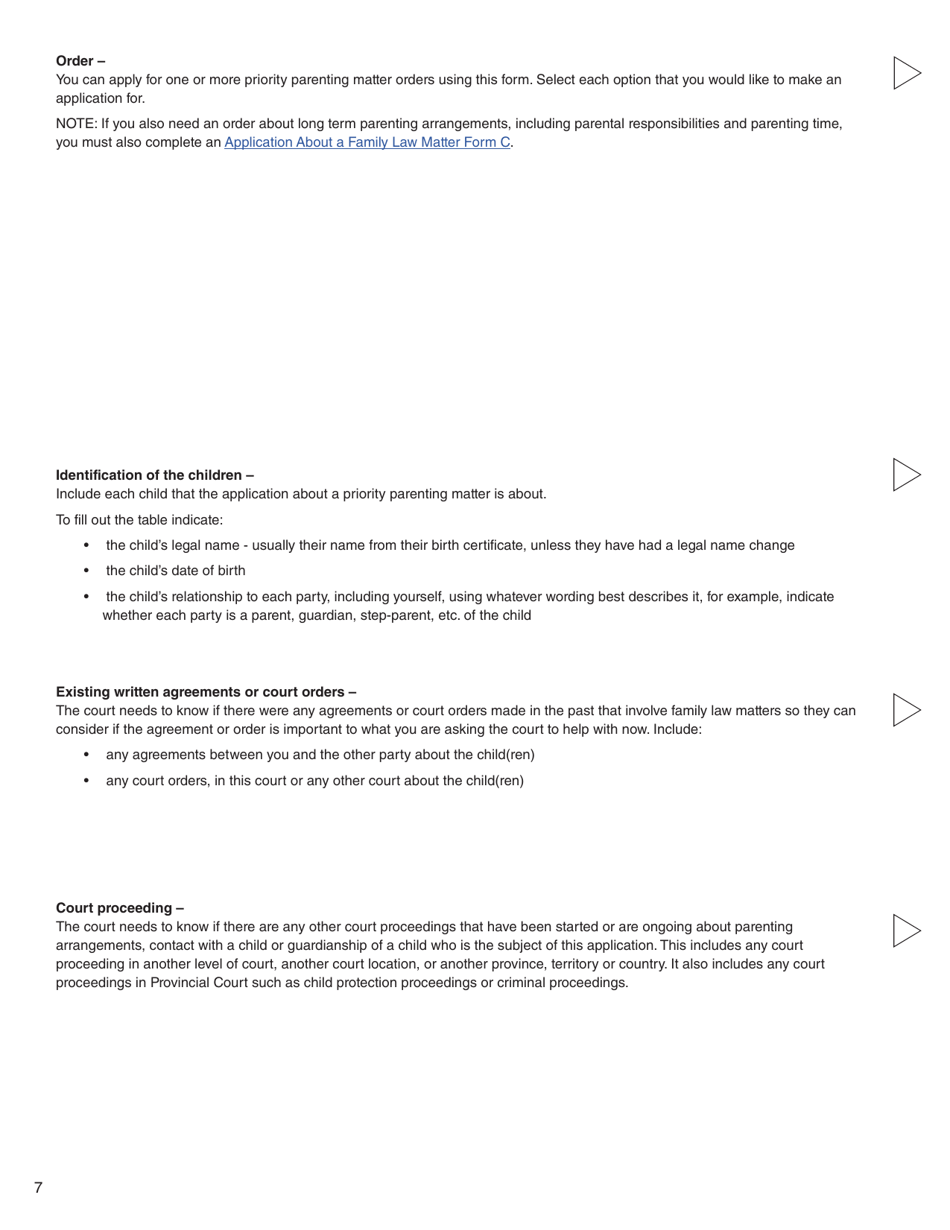 Form M (PFA722) Application About Priority Parenting Matter - British Columbia, Canada, Page 7