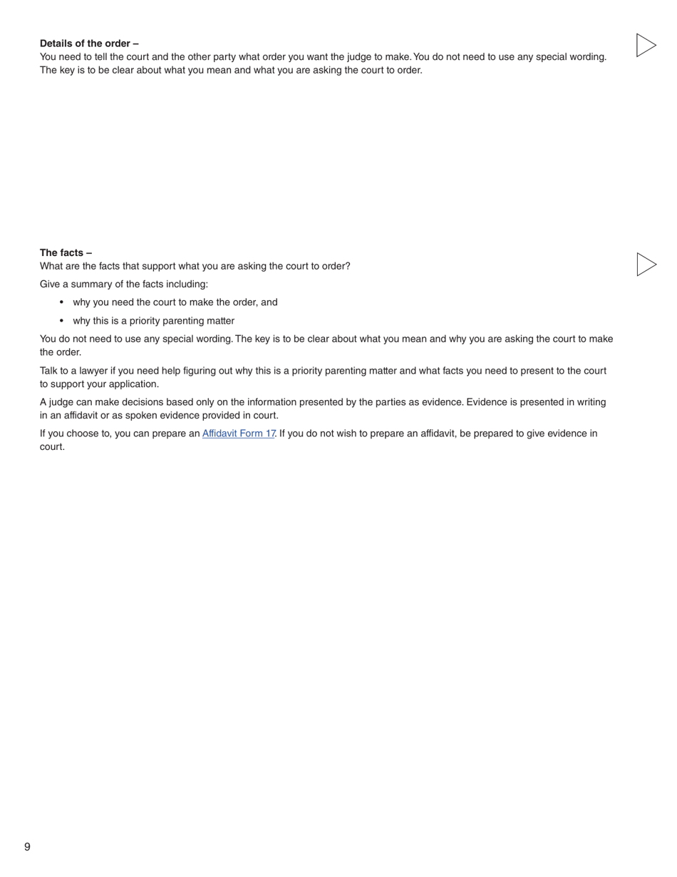 Form M (PFA722) Application About Priority Parenting Matter - British Columbia, Canada, Page 9