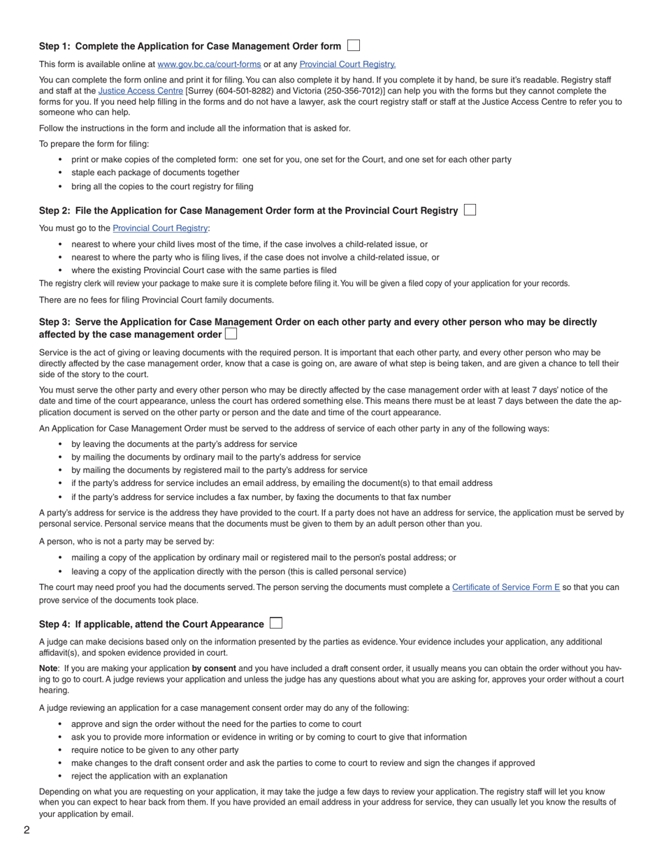 Form H (PFA717) Application for Case Management Order - British Columbia, Canada, Page 2