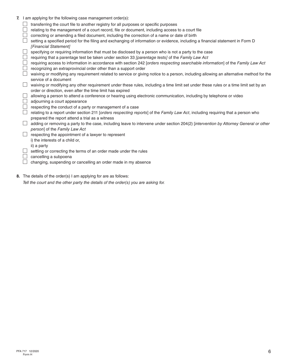 Form H (PFA717) Application for Case Management Order - British Columbia, Canada, Page 6
