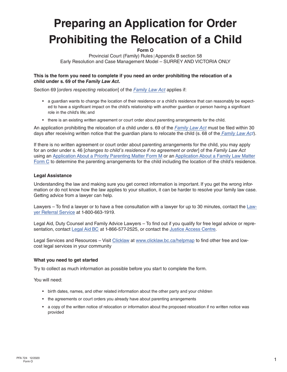 Form O Pfa724 Download Fillable Pdf Or Fill Online Application For Order Prohibiting The Relocation Of A Child British Columbia Canada Templateroller