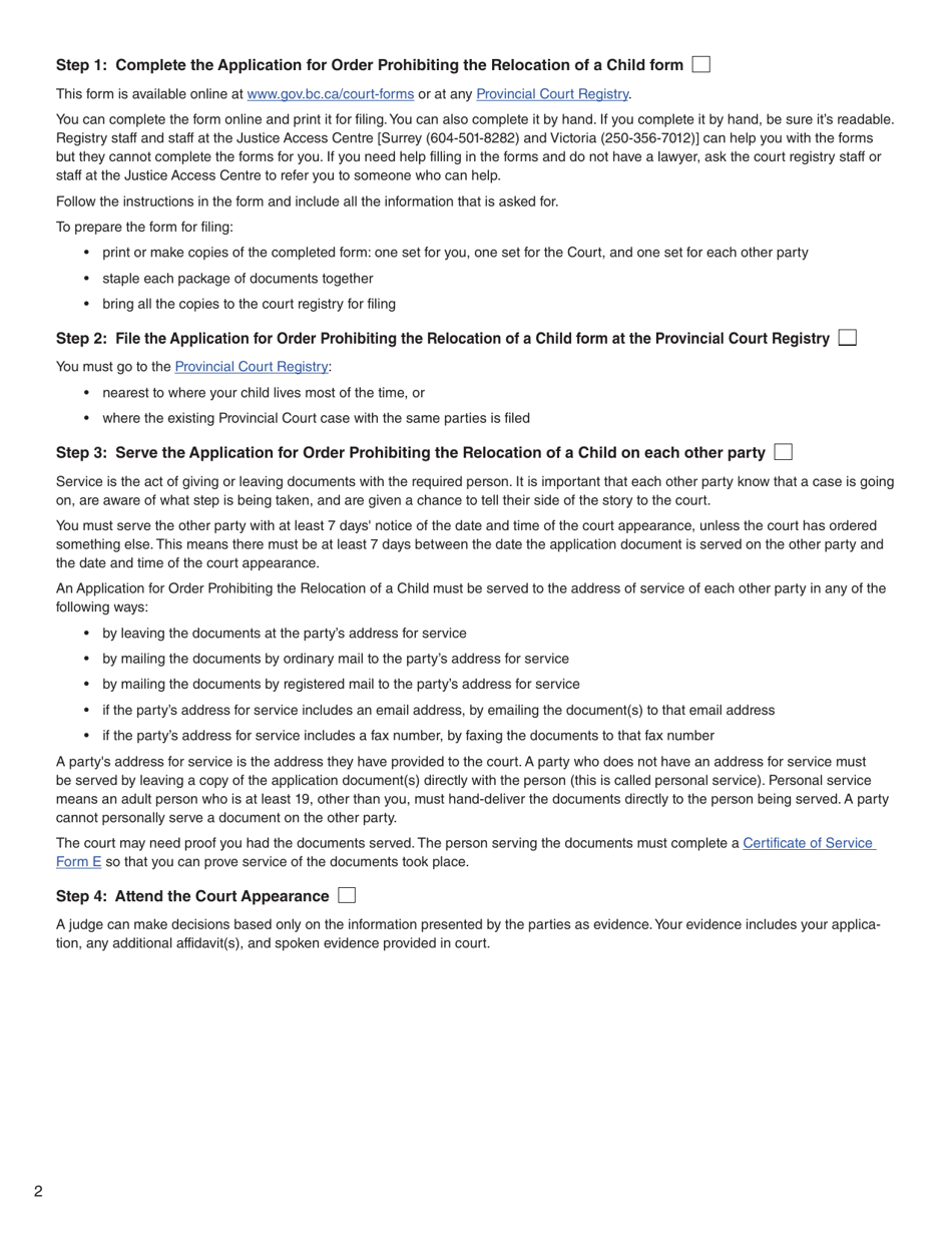 Form O (PFA724) Application for Order Prohibiting the Relocation of a Child - British Columbia, Canada, Page 2