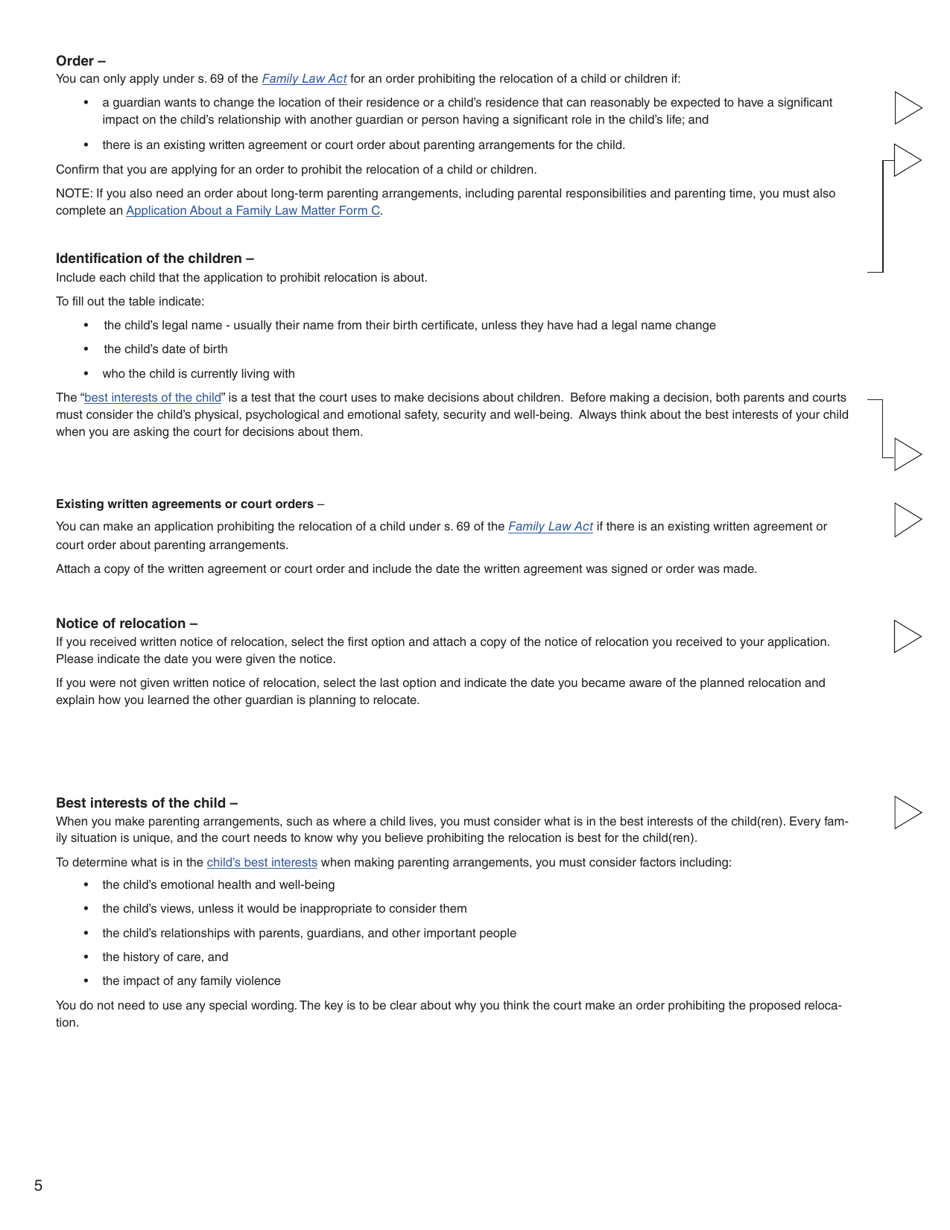 Form O (PFA724) Application for Order Prohibiting the Relocation of a Child - British Columbia, Canada, Page 5