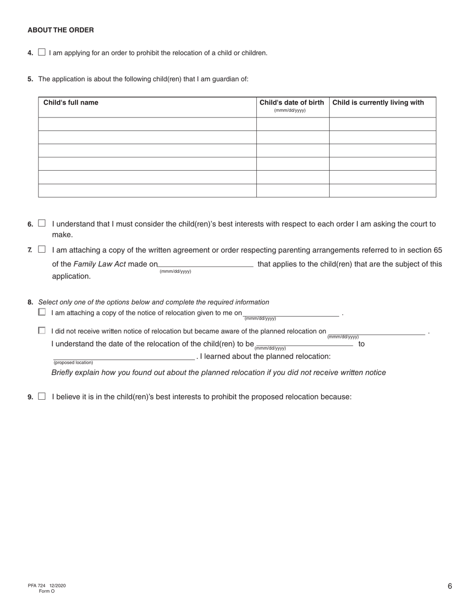 Form O (PFA724) Application for Order Prohibiting the Relocation of a Child - British Columbia, Canada, Page 6
