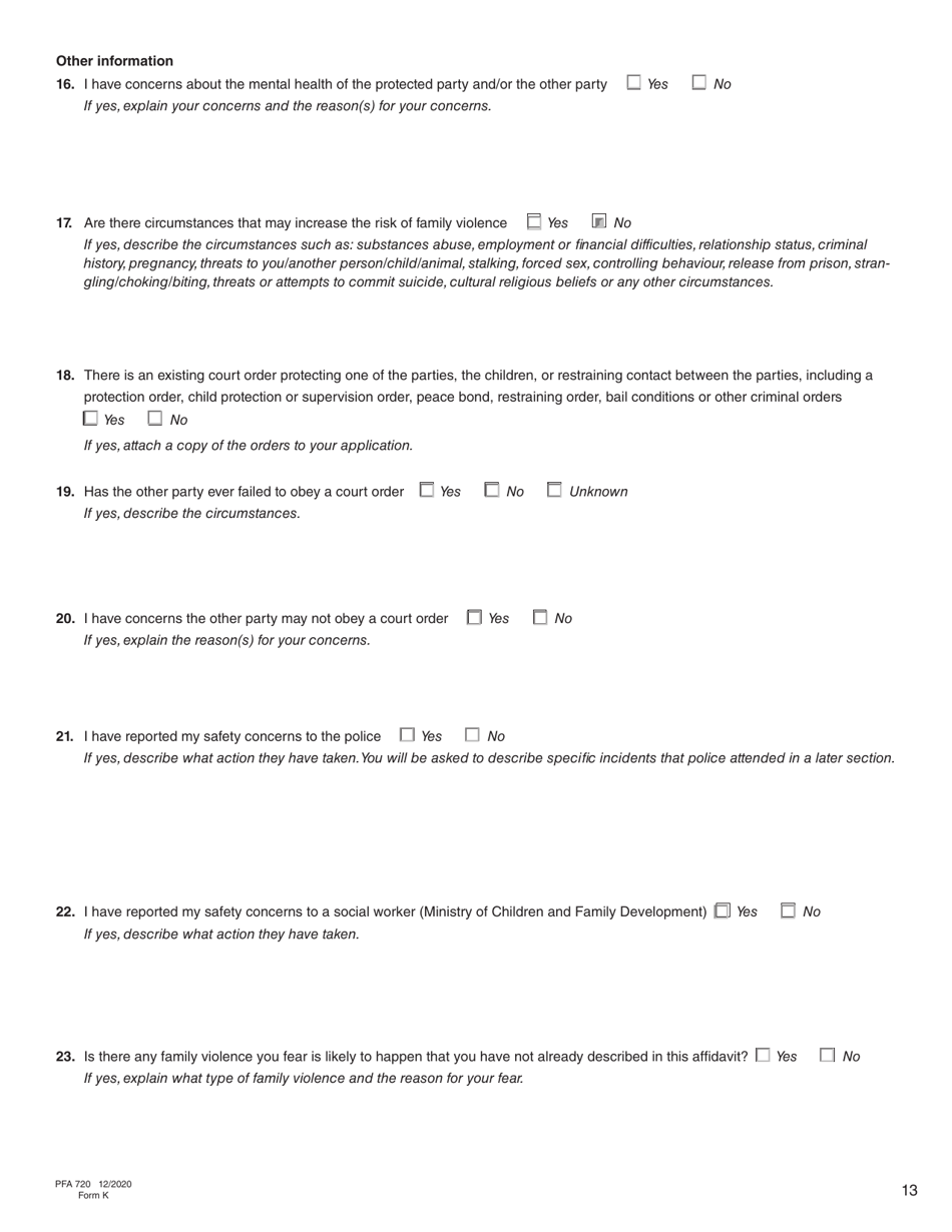 Form K (PFA720) Application About a Protection Order - British Columbia, Canada, Page 14
