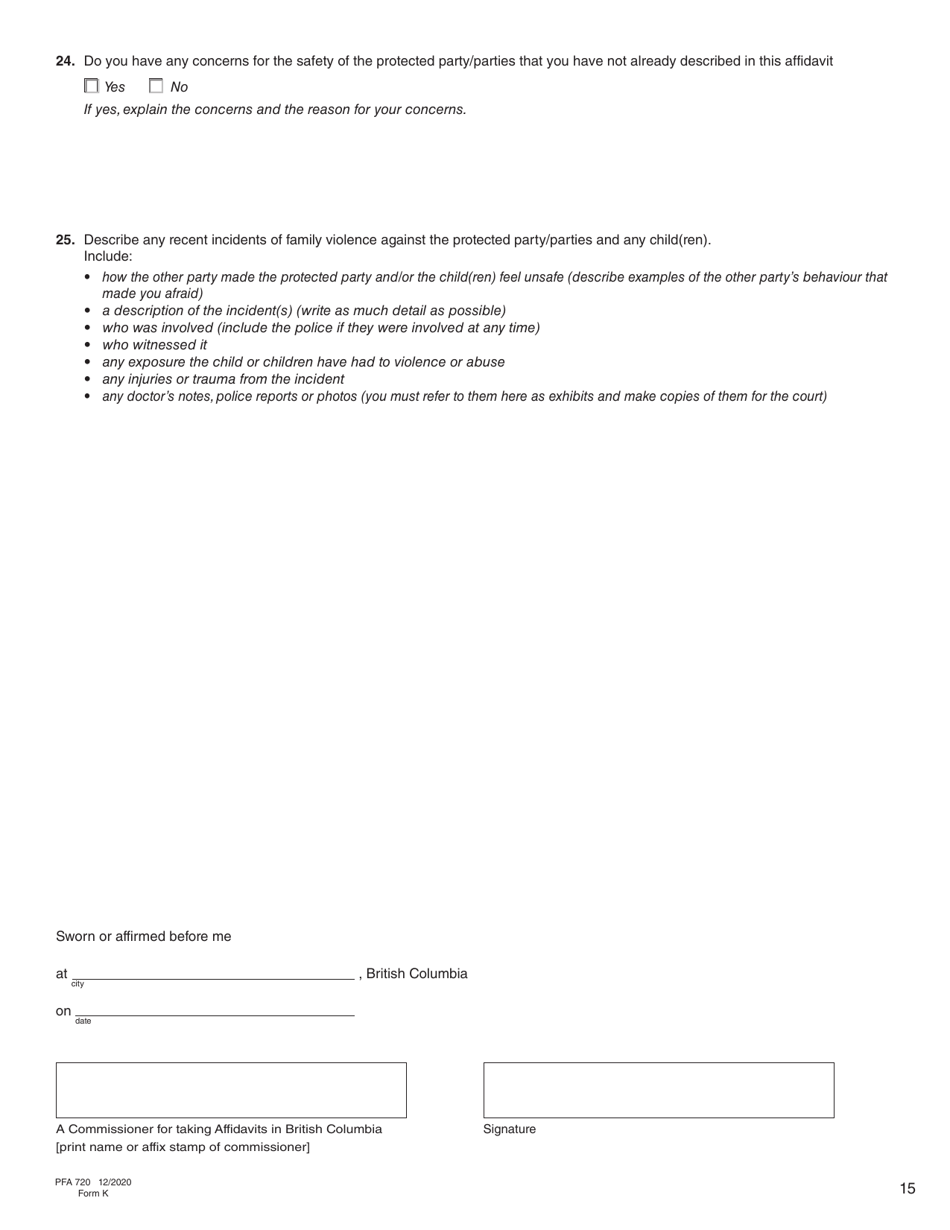 Form K (PFA720) Application About a Protection Order - British Columbia, Canada, Page 16