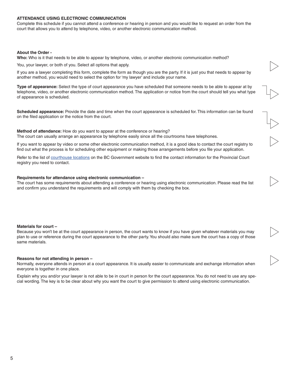 Form I (PFA718) Application for Case Management Order Without Notice or Attendance - British Columbia, Canada, Page 5