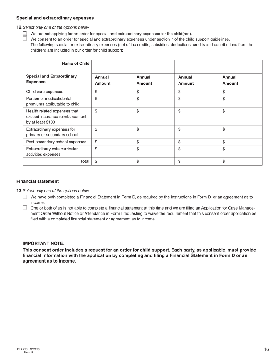 Form N (PFA723) Application for a Family Law Matter Consent Order - British Columbia, Canada, Page 16