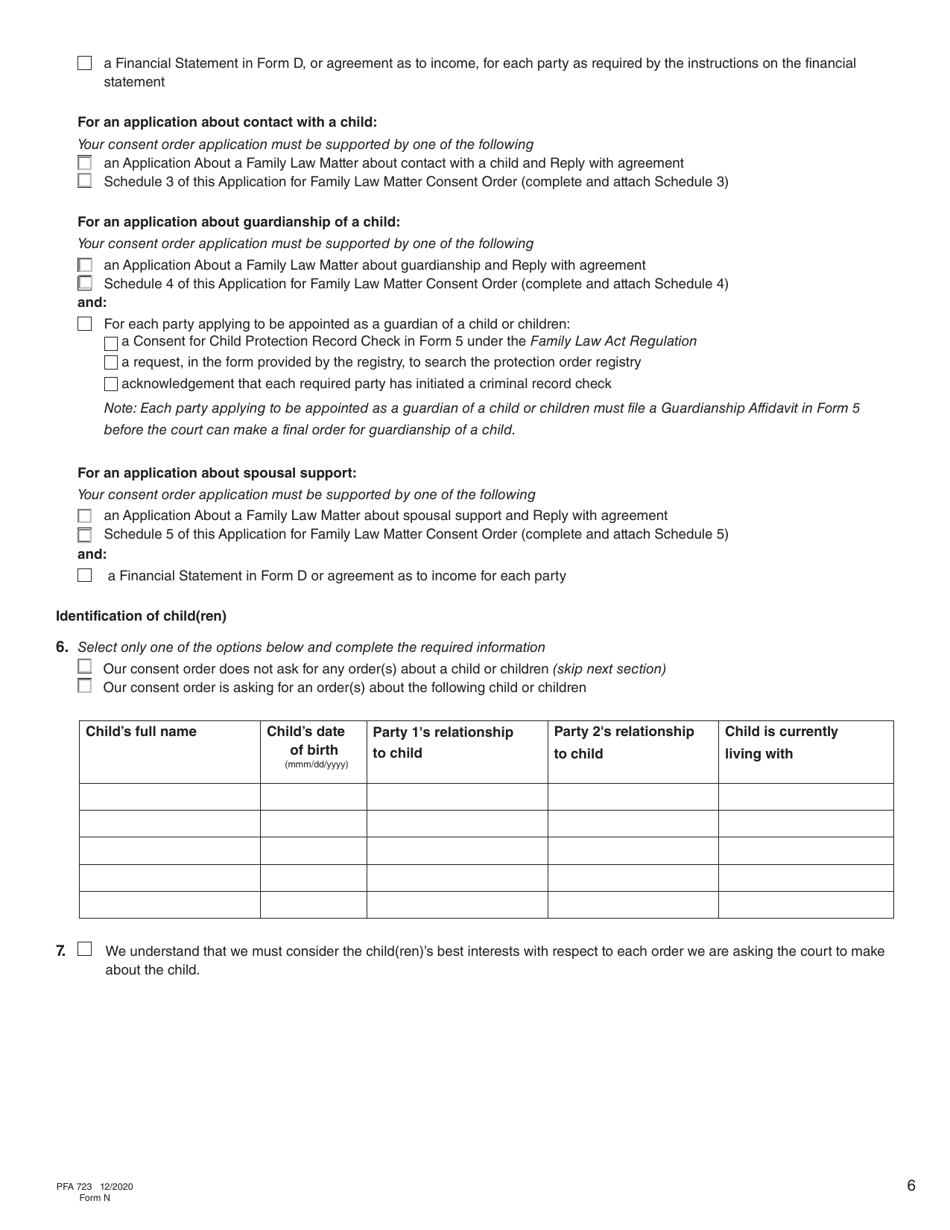 Form N (PFA723) Application for a Family Law Matter Consent Order - British Columbia, Canada, Page 6