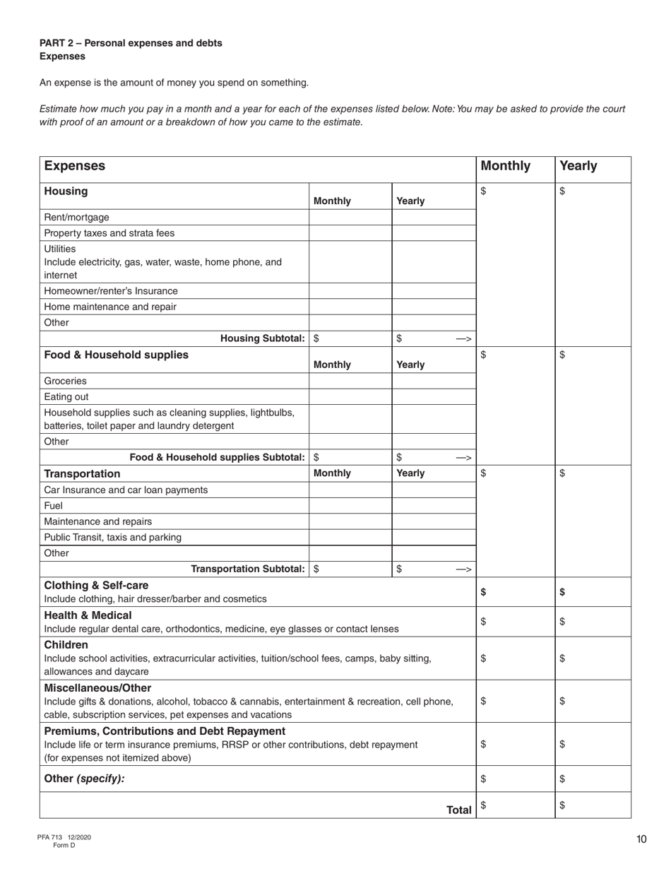 Form D (PFA713) Financial Statement - British Columbia, Canada, Page 10