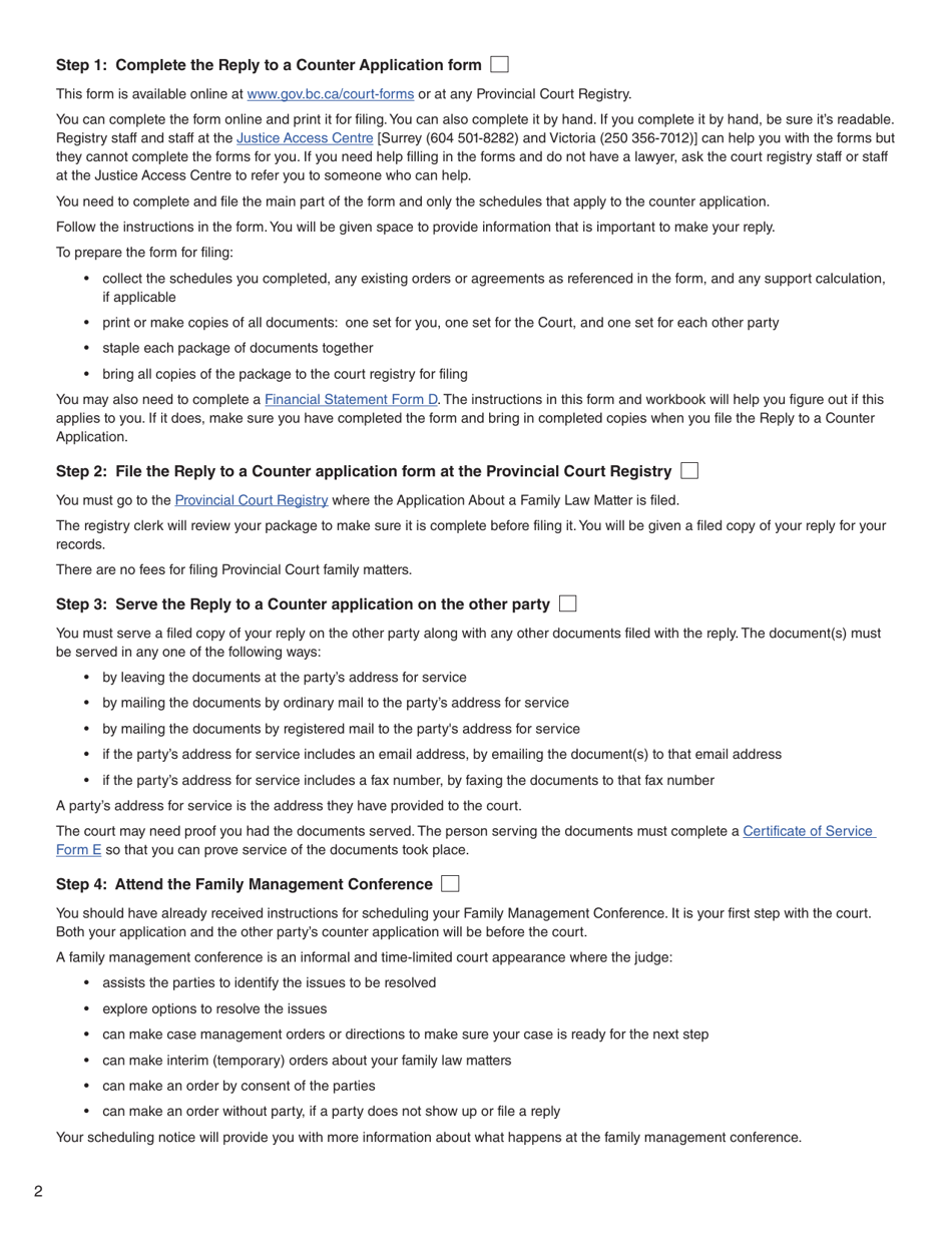 Form G (PFA716) Reply to a Counter Application - British Columbia, Canada, Page 2