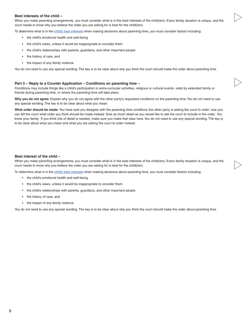 Form G (PFA716) Reply to a Counter Application - British Columbia, Canada, Page 9