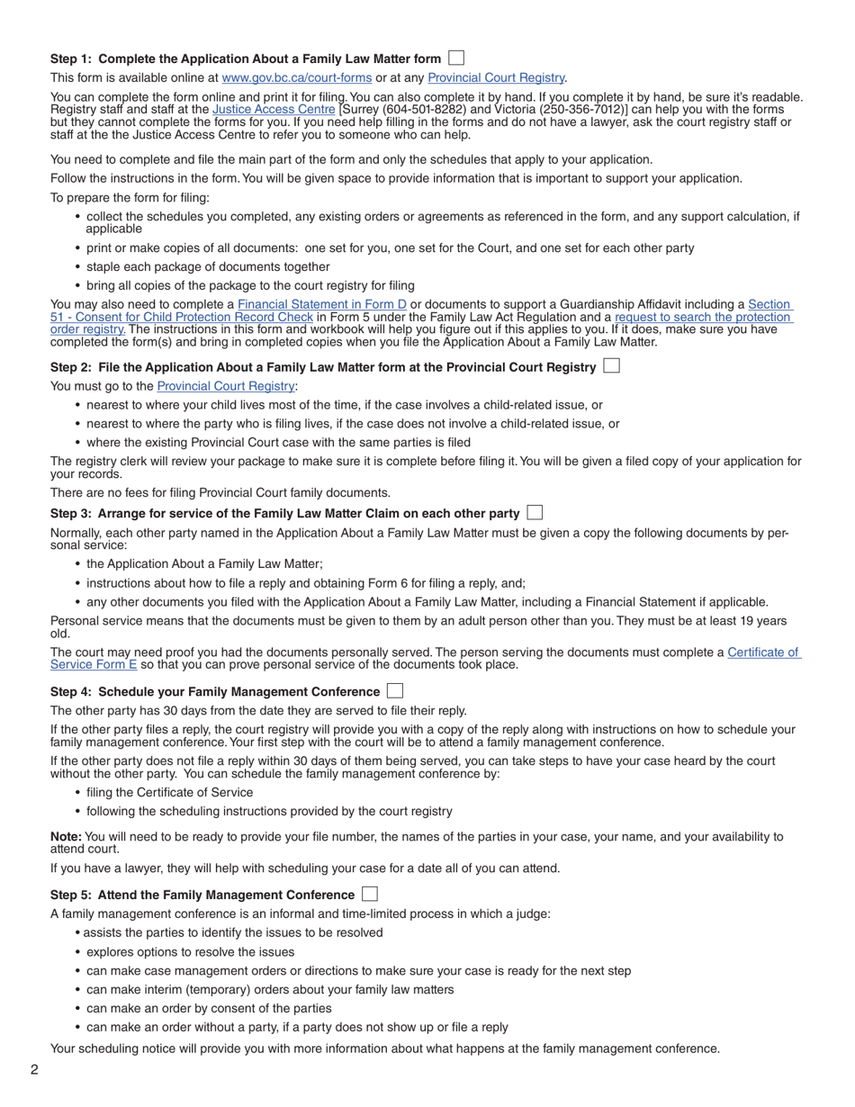 Form C (PFA712) Application About a Family Law Matter - British Columbia, Canada, Page 2