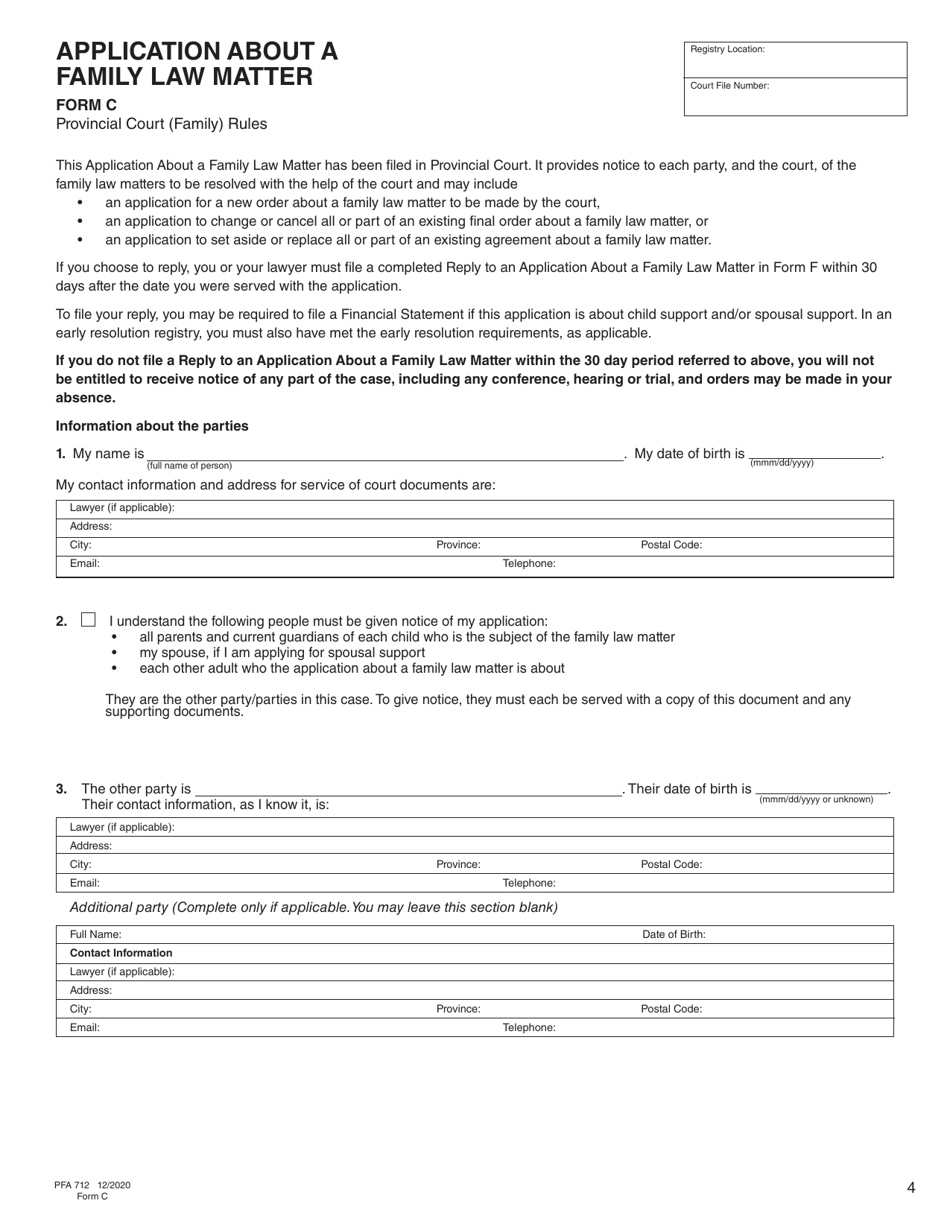 Form C (PFA712) Application About a Family Law Matter - British Columbia, Canada, Page 4