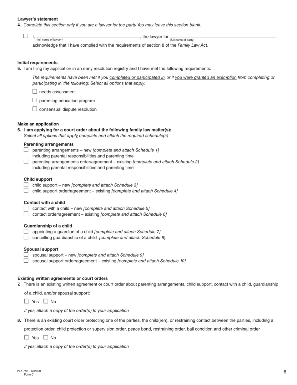 Form C (PFA712) Application About a Family Law Matter - British Columbia, Canada, Page 6