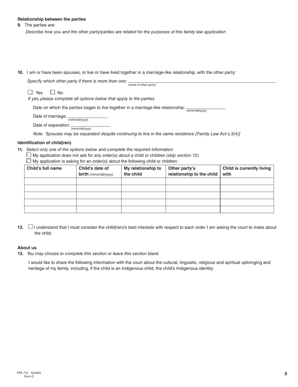 Form C (PFA712) Application About a Family Law Matter - British Columbia, Canada, Page 8