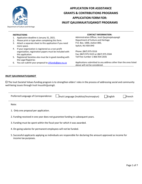 Application Form for: Inuit Qaujimajatuqangit Programs - Nunavut, Canada, 2021