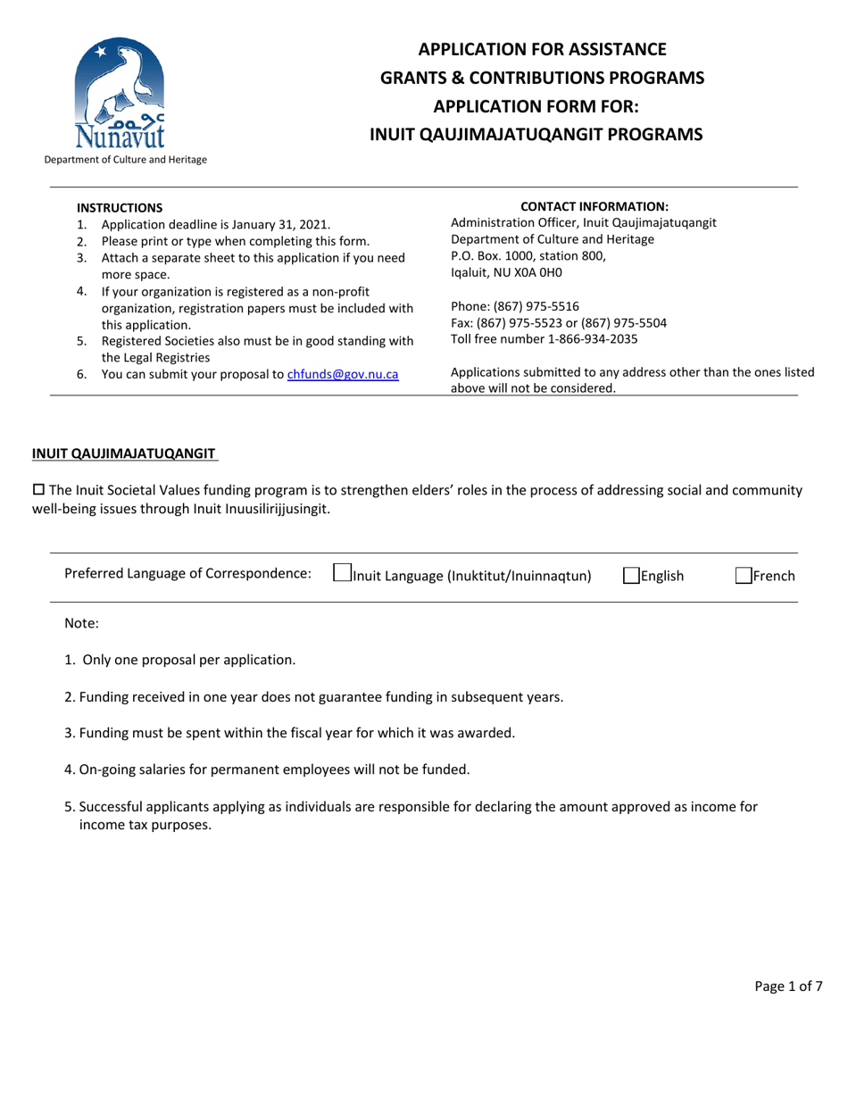 Application Form for: Inuit Qaujimajatuqangit Programs - Nunavut, Canada, Page 1